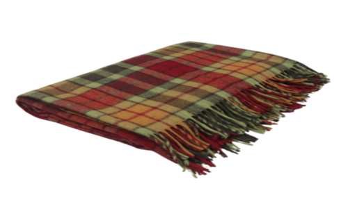 Rust and olive merino tartan blanket with fringes